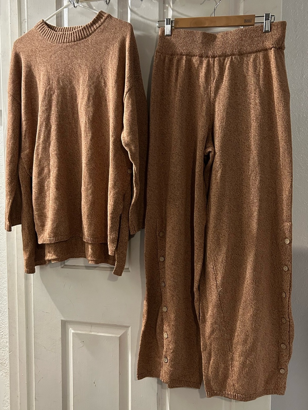 Free People Button-Side Knit Wide-Leg Pants in Camel Brown